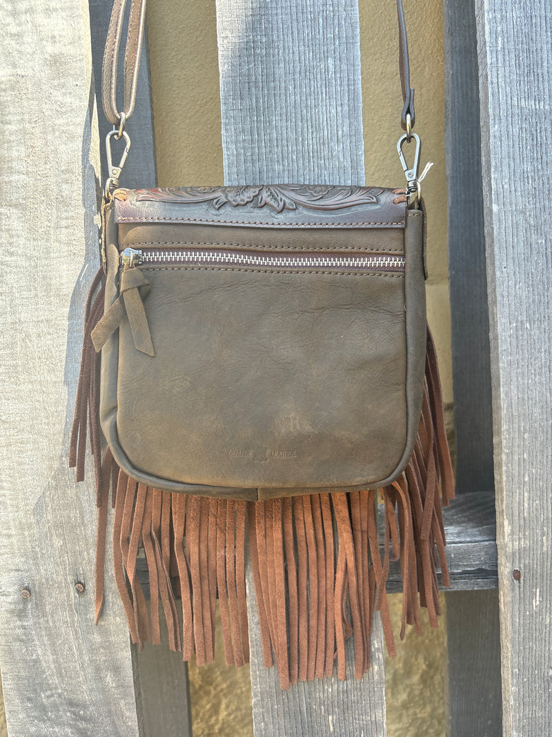 Top Notch Accessories 3002CF/TQ Coffee Tooled Leather Turquoise Inlay Crossbody Purse