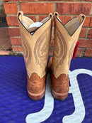 Women's Anderson Bean square toe boots in Tan Full Quill Ostrich with Dromedary Kidskin tops. Rear View
