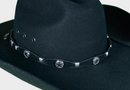 Black leather hat band with Star Conchos. Conchos are separated by Silver metal bands and it has a buckle closure. View of band on felt hat.