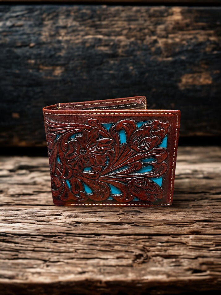 This Brown tooled leather bifold wallet has a Turquoise inlay. Front View