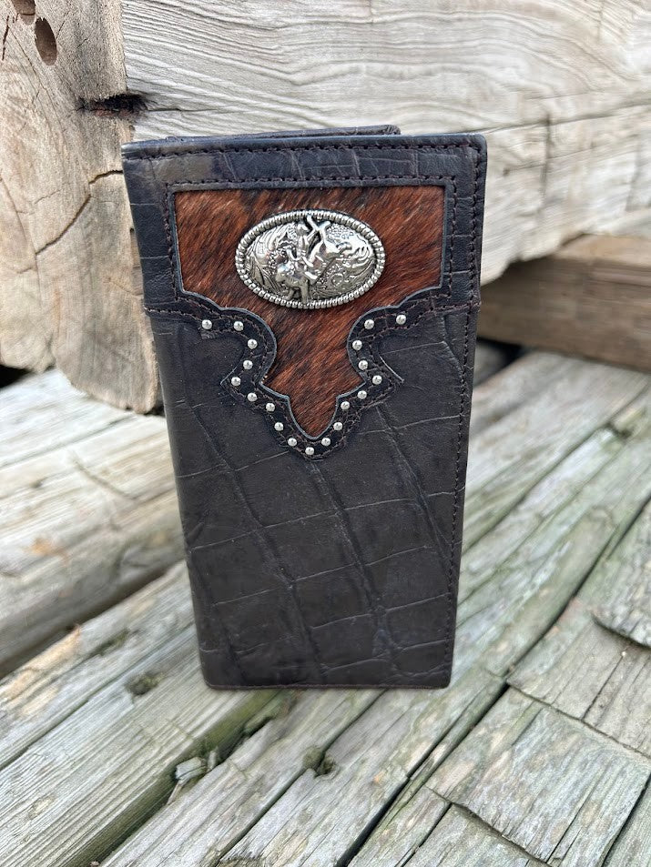Coffee brown alligator print leather checkbook wallet with a Bull Rider Concho on a cowhide inlay. Front View B