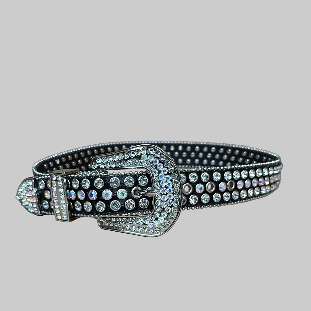 Women's Black leather belt with bling embellishments and a large Western Style bling buckle.