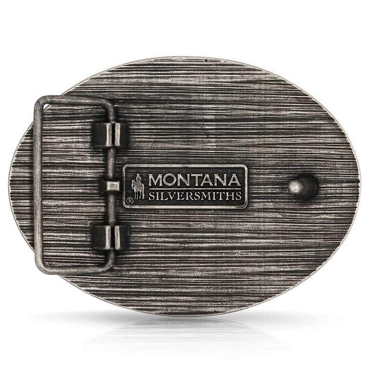Belt buckle with 'Cowboy Up' text over a  Horseshoe and a barbwire decorative pattern border. Rear View 