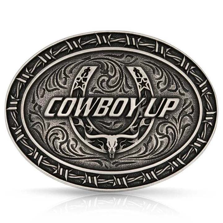 Belt buckle with 'Cowboy Up' text over a  Horseshoe and a barbwire decorative pattern border. Front View