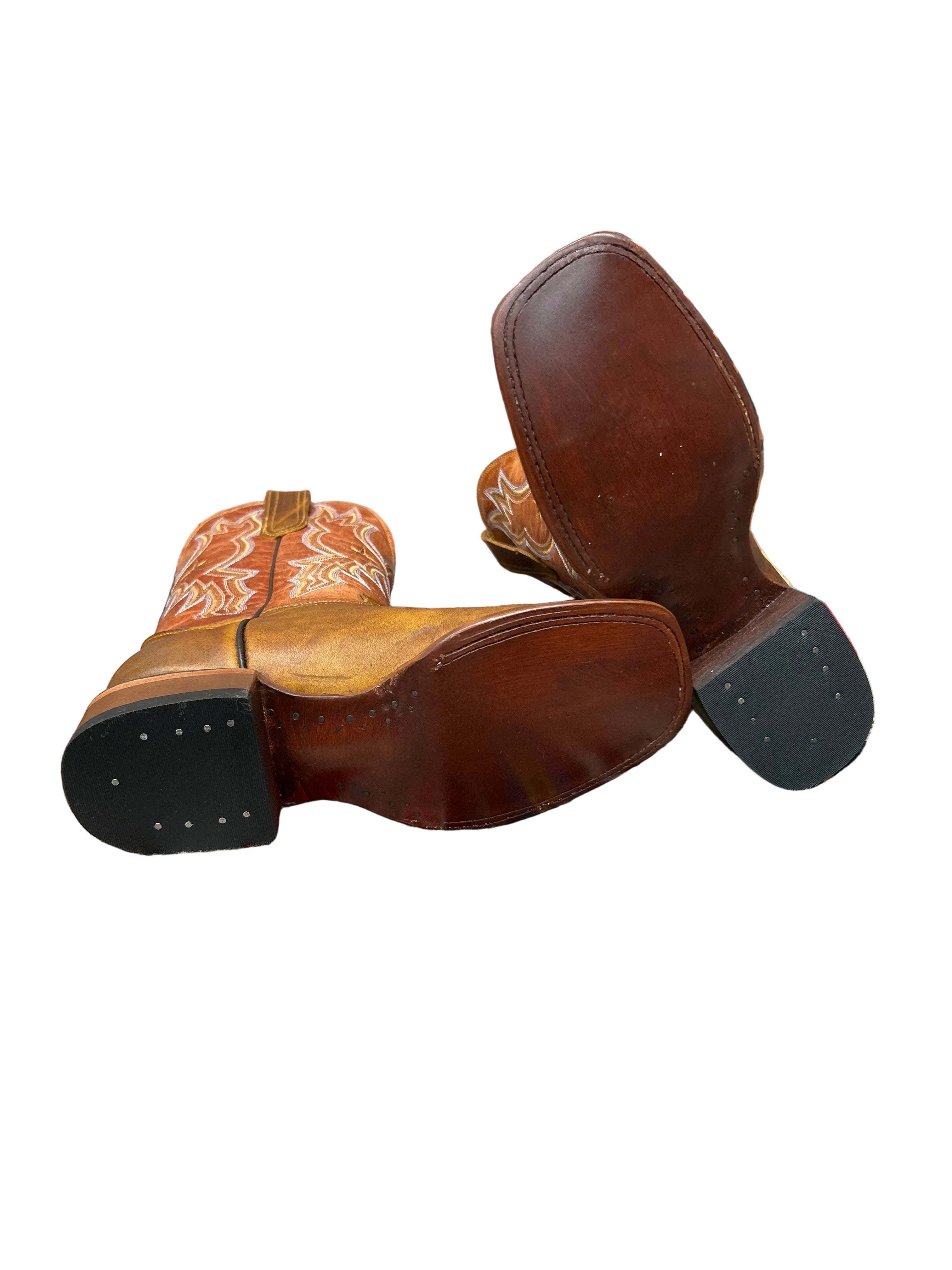 Brown leather square toe boots with a 12 inch shaft from Cowtown. Bottom view showing leather outsole. 