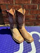 Women's Anderson Bean square toe boots in Tan Zebra. These boots have a 11" brown shaft. 