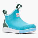 Blue rain boot with green accents on a white background