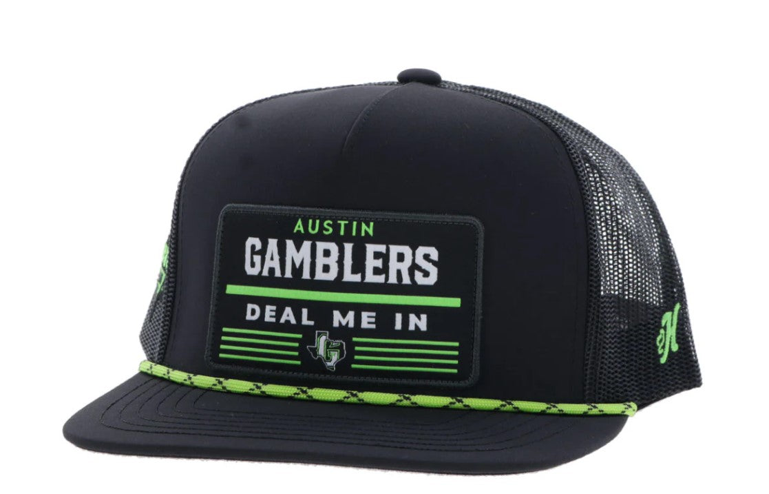 Hooey x Austin Gamblers black and neon green snapback cap. Austin Gamblers Deal Me In patch with neon green and black rope on front. Front View Stock Photo 