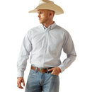 Men's Ariat wrinkle free long sleeve shirt in Blue Plaid. Front view showing shirt tucked in. 
