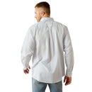 Men's Ariat wrinkle free long sleeve shirt in Blue Plaid. Rear view showing shirt untucked. 