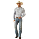 Men's Ariat wrinkle free long sleeve shirt in Blue Plaid. Full front view showing shirt tucked in. 