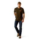 Men's Ariat short sleeve tee in Dark Olive with a armadillo graphic print on back.  Full front view showing shirt untucked. 