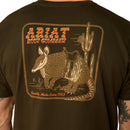 Men's Ariat short sleeve tee in Dark Olive with a armadillo graphic print on back. Rear view showing close up of Armadillo graphic. 