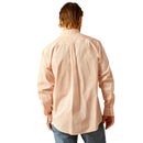 Men's Ariat long sleeve shirt in Pink with a small geometric print. Rear view showing shirt untucked. 