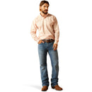 Men's Ariat long sleeve shirt in Pink with a small geometric print. Full front view showing shirt tucked in. 