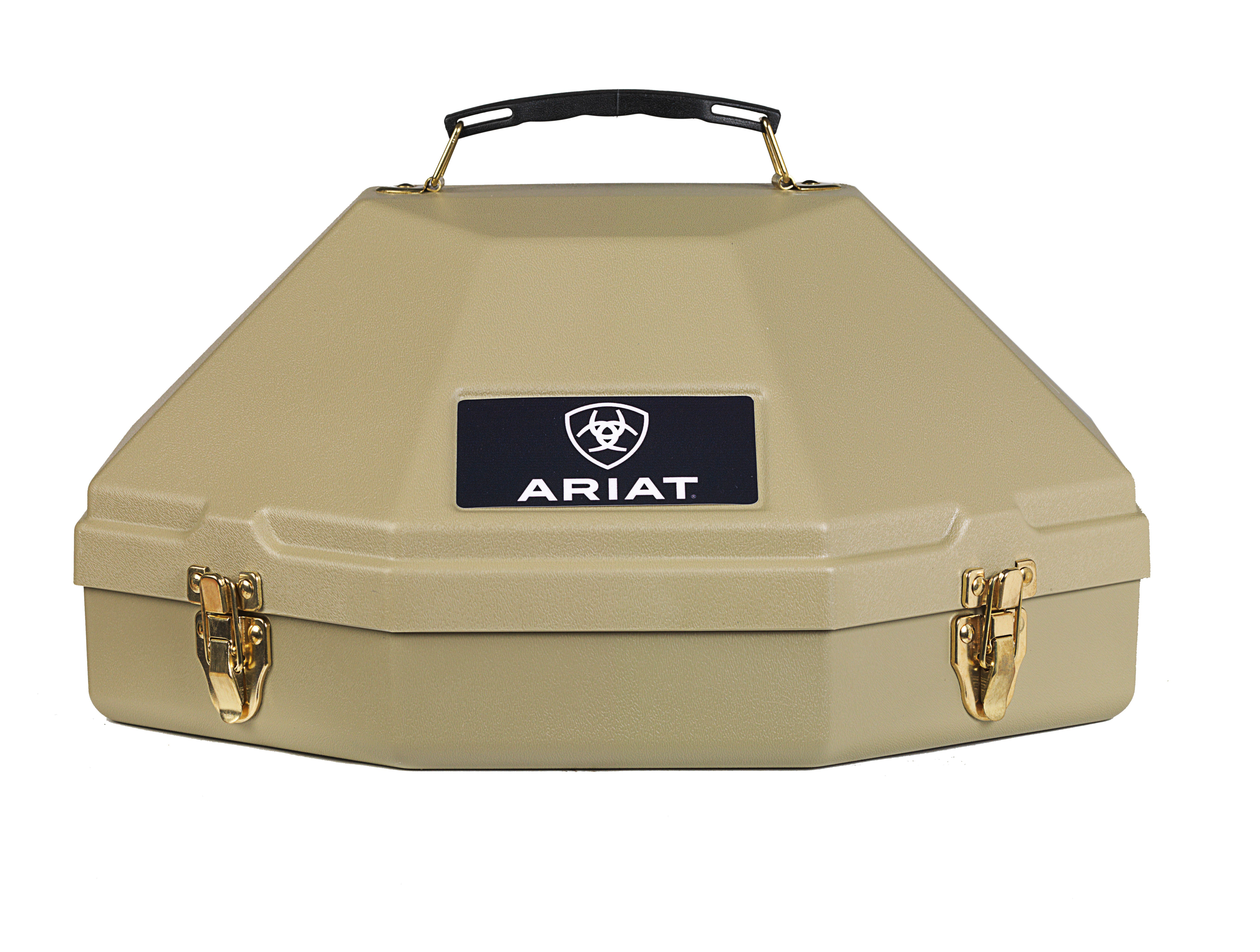 A tan Ariat hard plastic hat case with 2 front flip latch closures, carry handle on top. Front view.