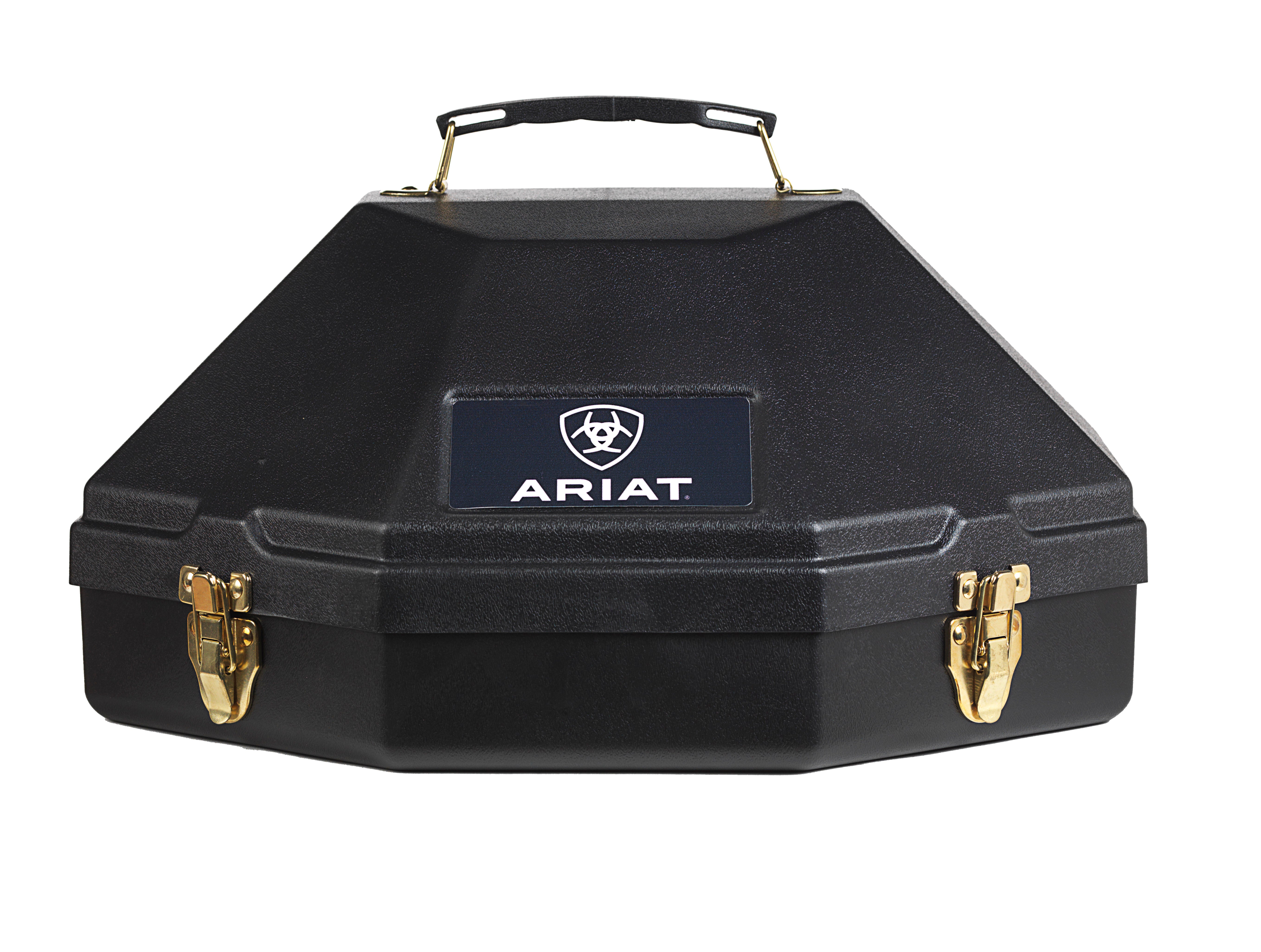 A black Ariat hard plastic hat case with 2 front flip latch closures, carry handle on top. Front view.