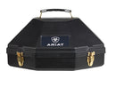 A black Ariat hard plastic hat case with 2 front flip latch closures, carry handle on top. Front view.