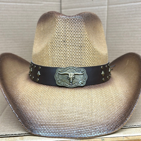 Longhorn Buckle Straw Hat with Studded Leather Band