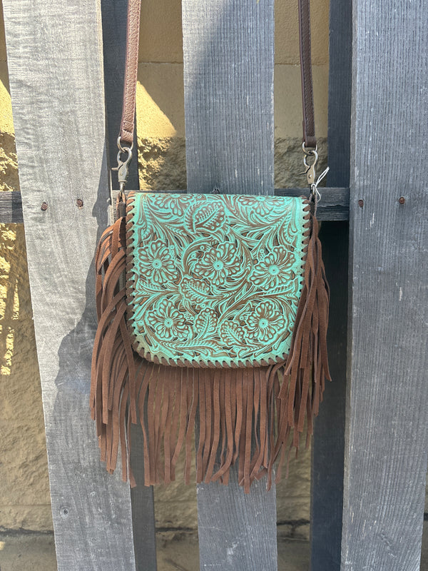 Top Notch Accessories 3002TQ Turquoise Tooled Leather Crossbody Purse
