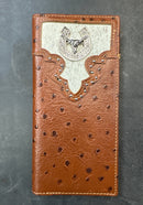 Top Notch Accessories 118BR Brown Full Quill Ostrich Print Leather Wallet With Horseshoe & Longhorn Concho