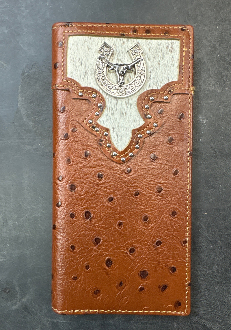 Top Notch Accessories 118BR Brown Full Quill Ostrich Print Leather Wallet With Horseshoe & Longhorn Concho