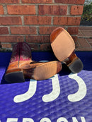 Women's Anderson Bean square toe boots with a Mad Cat Goat Skin vamp and a Glove Burgundy Goat Skin top. Bottom View showing the hybrid outsole. 