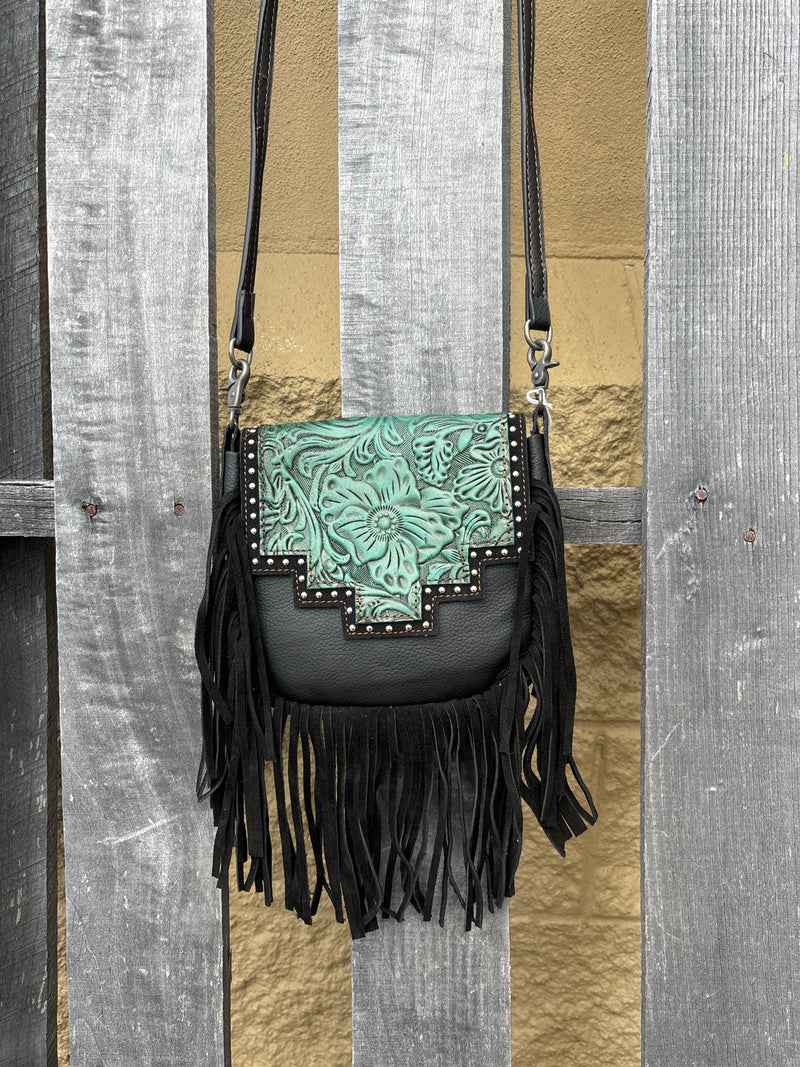 Top Notch Accessories 3018BK Black Tooled Design Leather Small Fringe Crossbody