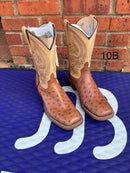 Women's Anderson Bean square toe boots in Tan Full Quill Ostrich with Dromedary Kidskin tops.