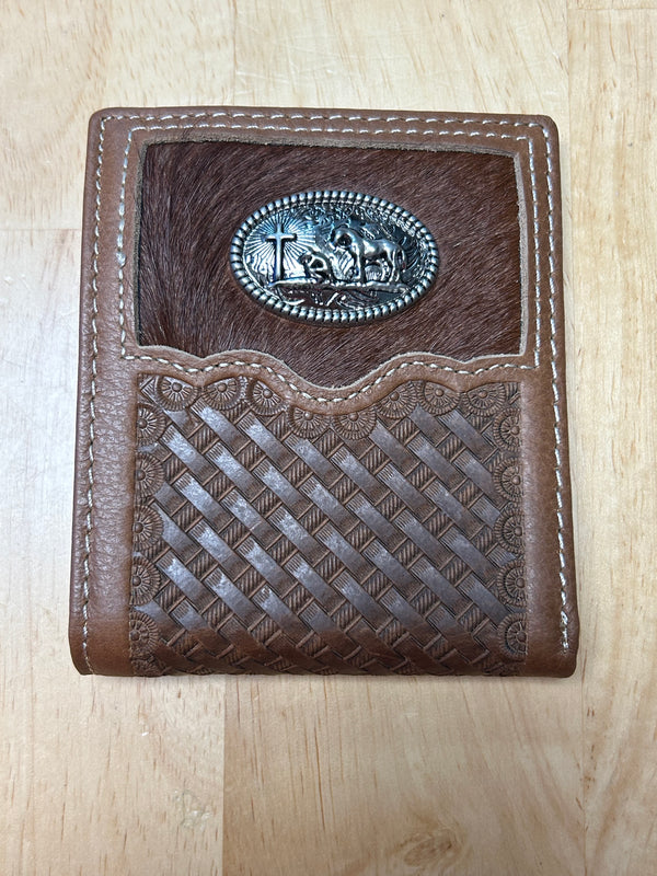 Top Notch Accessories 4002BR Brown Basket Weave  Bi-Fold Wallet With Praying Cowboy Concho