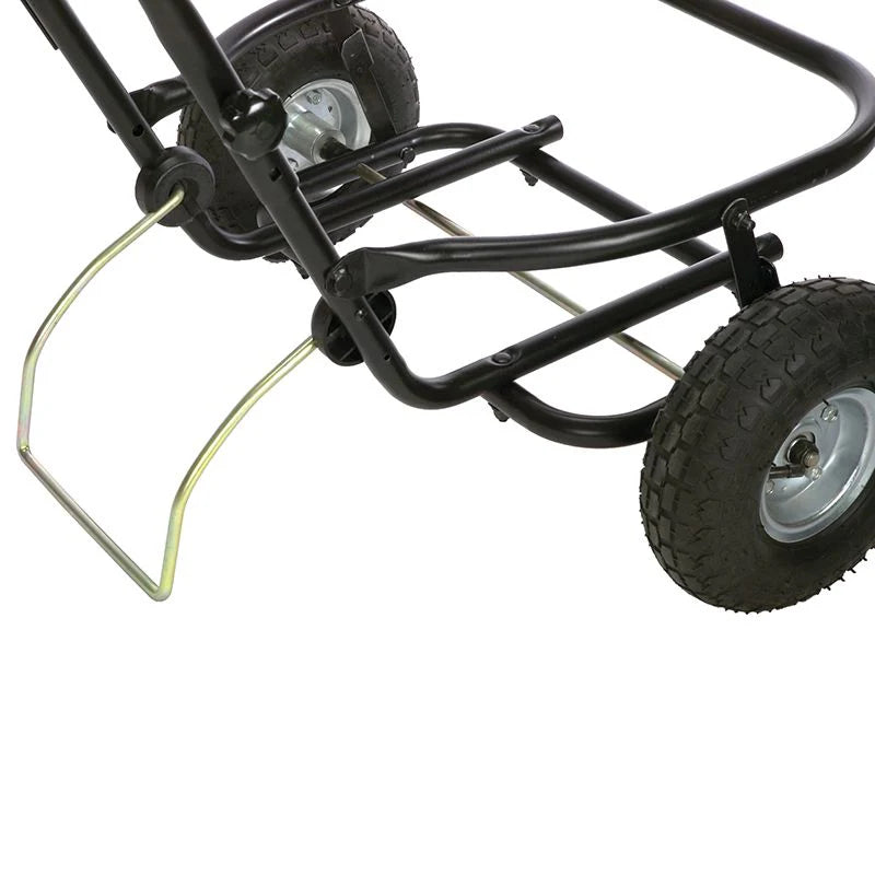 Close-up of a black metal frame with wheels of a Little Giant Muck Cart.