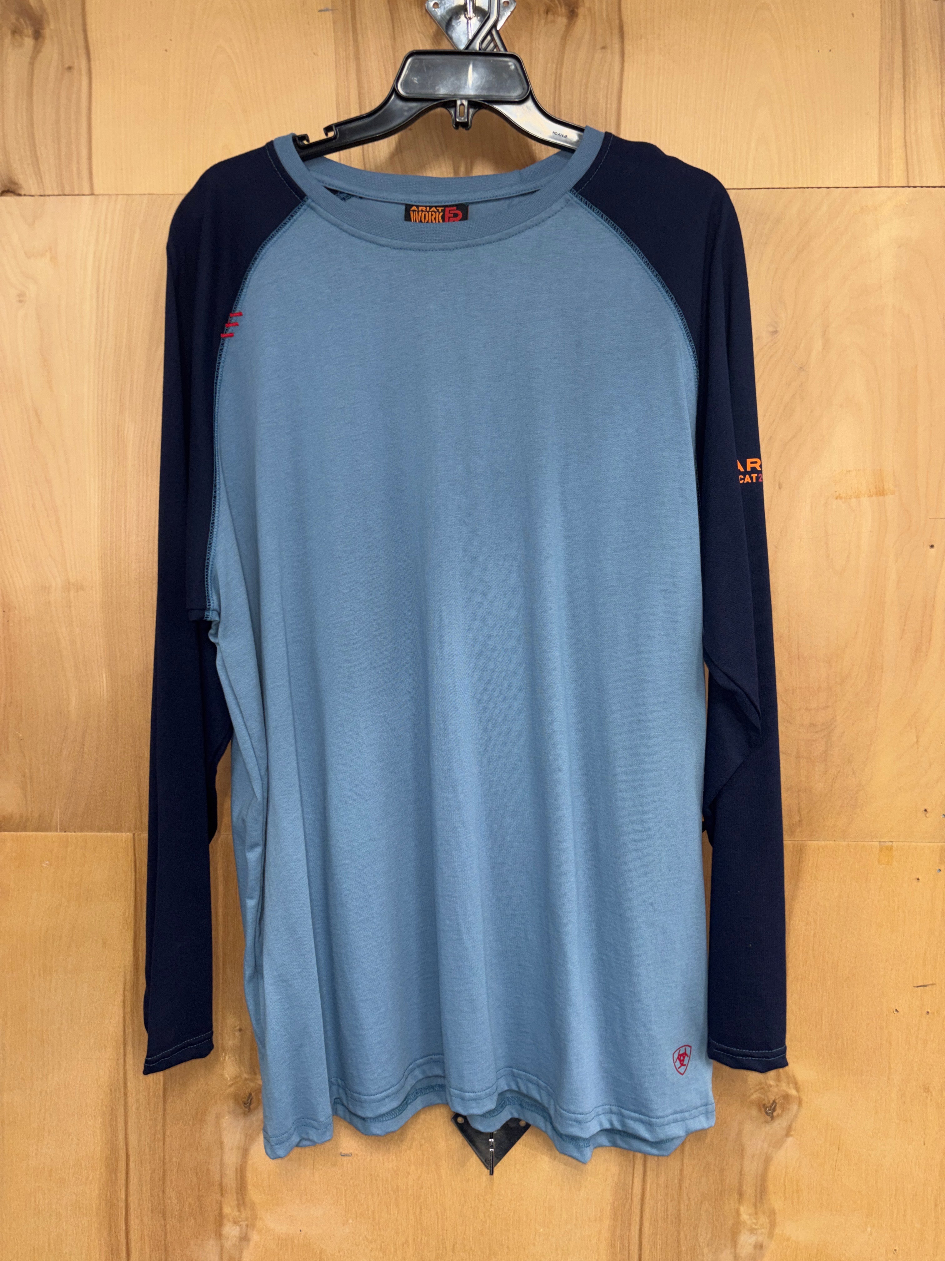 Men's Ariat Steel Blue color blocked FR long sleeve T-shirt. Front View