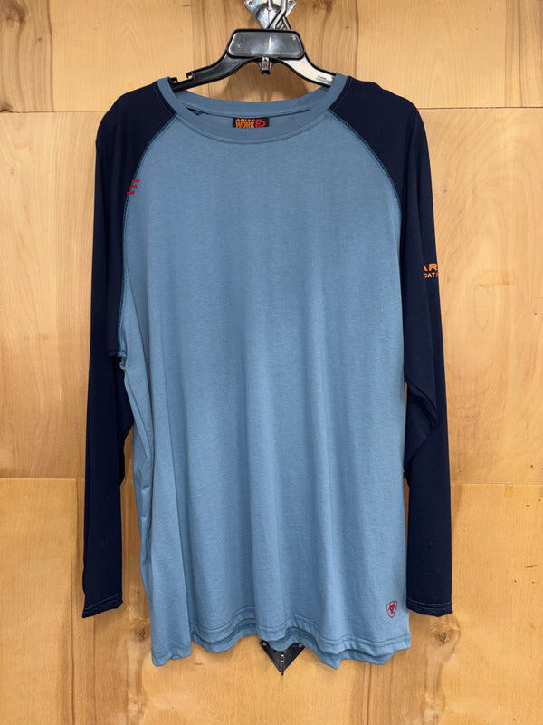 Men's Ariat Steel Blue color blocked FR long sleeve T-shirt. Front View