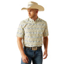 Men's Ariat short sleeve button close shirt in Mint with a geographic pattern. Front view showing shirt tucked in. 