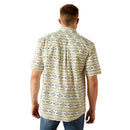 Men's Ariat short sleeve button close shirt in Mint with a geographic pattern. Rear view showing shirt untucked. 