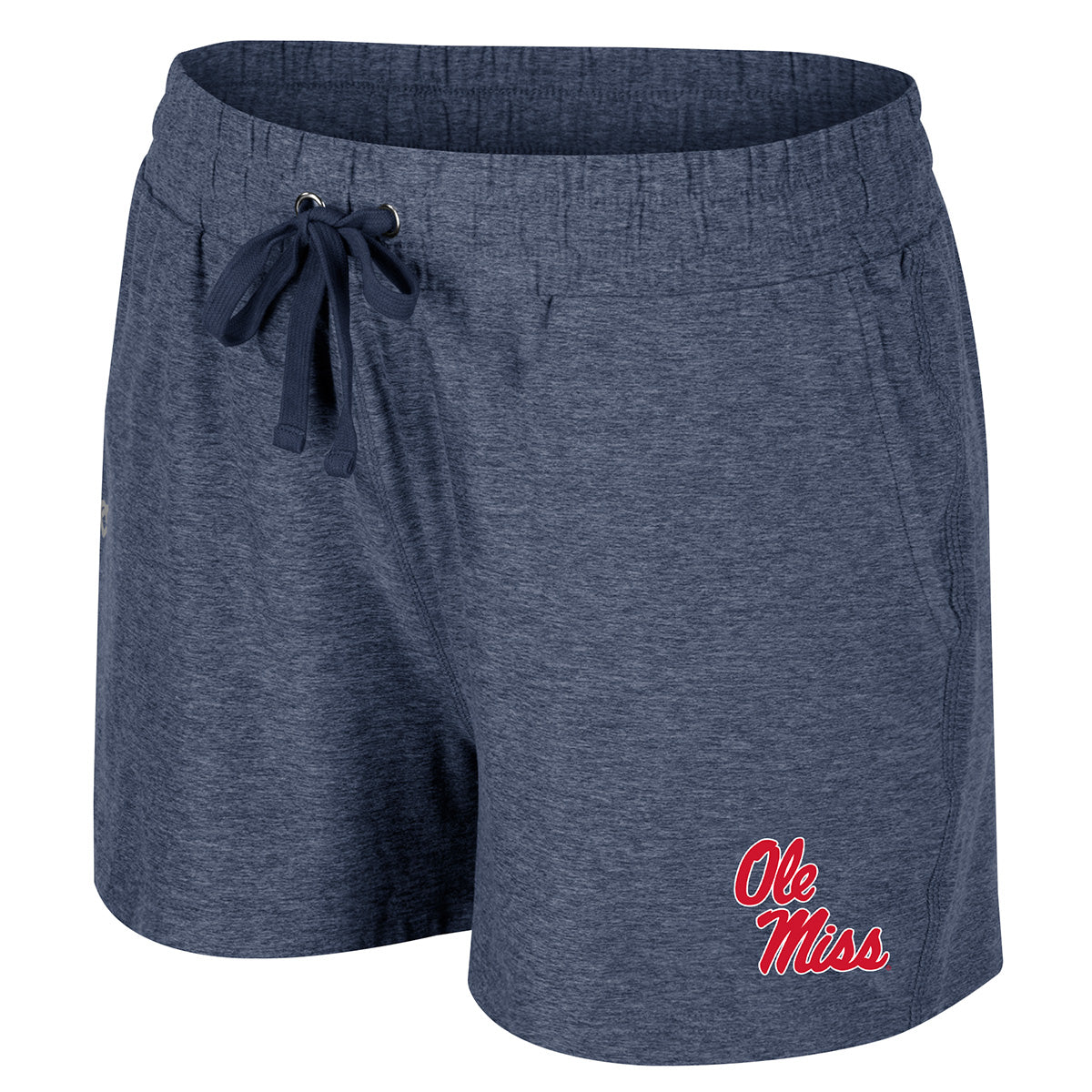 Women's Colosseum Athletics navy blue shorts with side and a back pocket, featuring an elastic waistband with flat cotton drawcords, and the 'Ole Miss' logo on the left leg. Front View