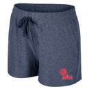 Women's Colosseum Athletics navy blue shorts with side and a back pocket, featuring an elastic waistband with flat cotton drawcords, and the 'Ole Miss' logo on the left leg. Front View