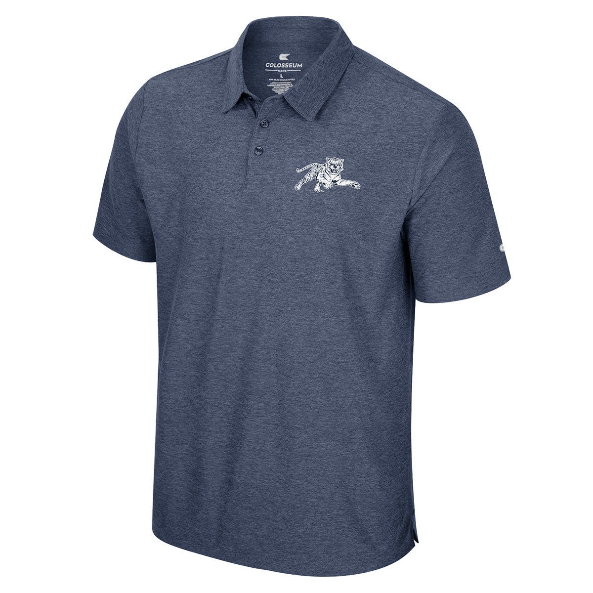 Men's Colosseum Athletics navy short sleeve polo shirt with the Jackson State University Tiger logo on left chest.