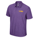Men's Colosseum Athletics short sleeve purple polo with a "LSU" graphic print on left chest. This is a officially licensed Louisiana State University shirt. 