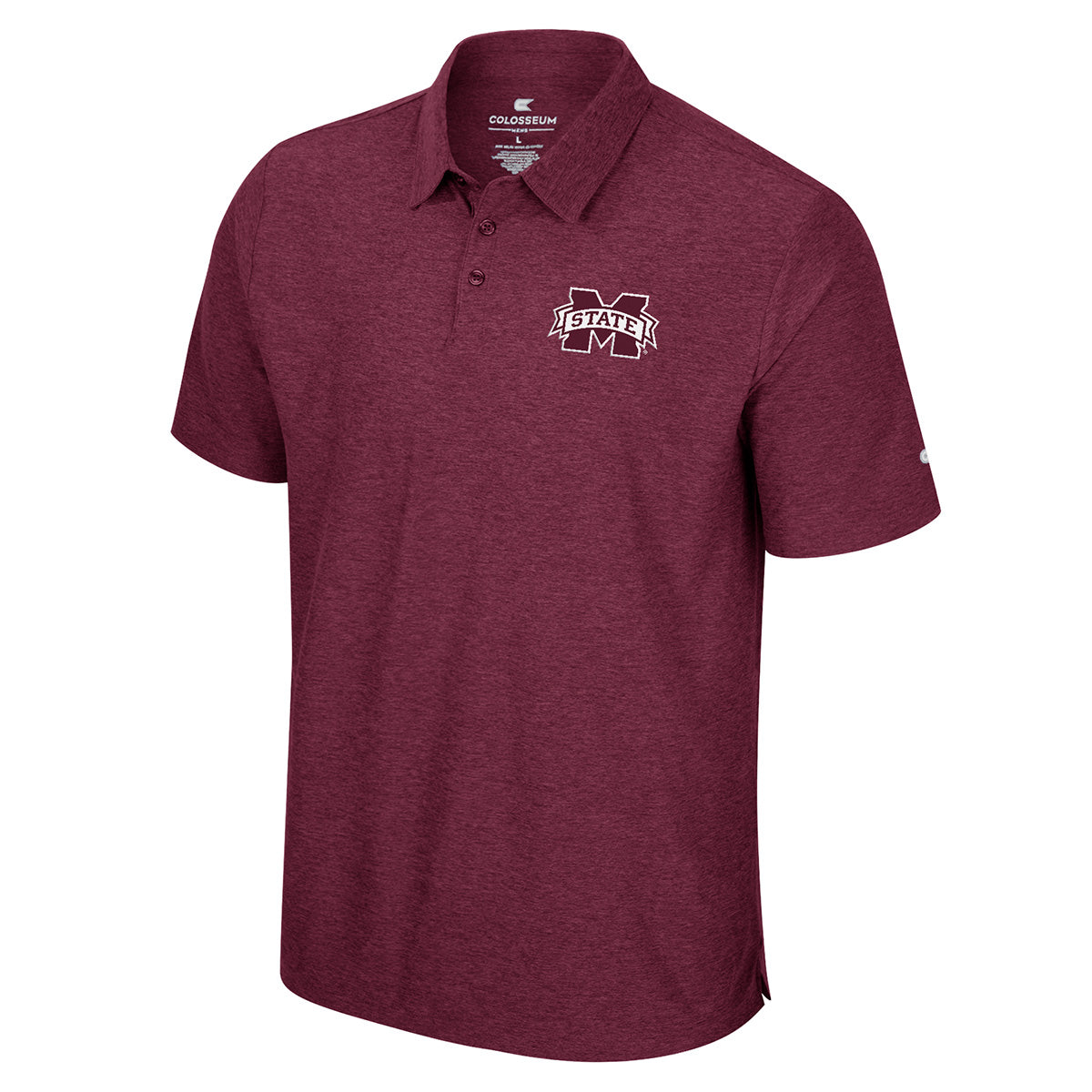 Men's Colosseum Athletics maroon short sleeve polo shirt with 'Mississippi State'  logo on left chest.