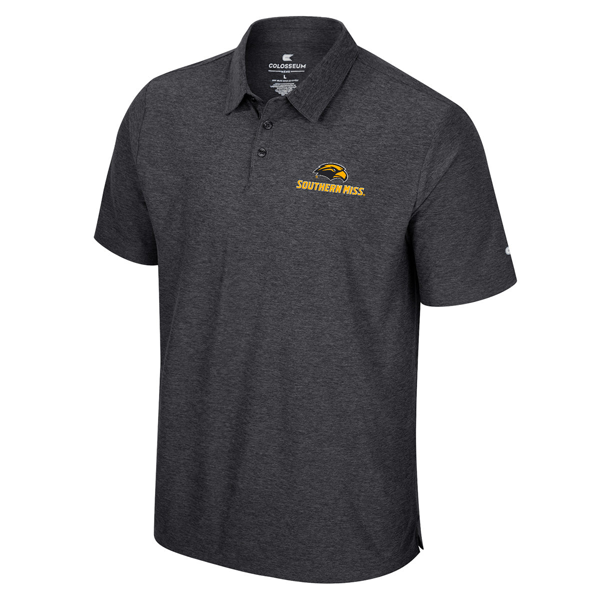 Men's Colosseum Athletics black short sleeve polo shirt with University of Southern Mississippi 'Southern Miss' graphic print on the left chest.