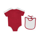 Infant Colosseum Crimson and White onesie with Alabama logo graphic print and matching bib with 'Crimson Tide' and Big Al graphic print. Rear View