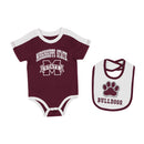 Infants Colosseum Mississippi State burgundy and white onesie and bib. Front View