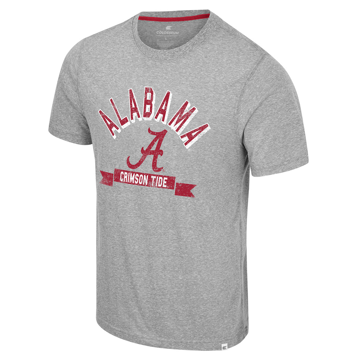 Men's Colosseum Athletics short sleeve Heather Grey t-shirt with 'Alabama Crimson Tide' distressed graphic print on the front.