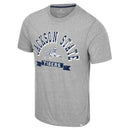 Men's Colosseum Athletics Heather Grey short sleeve T-shirt with Jackson State University Tigers distressed graphic print on the front.