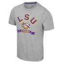 Men's Colosseum Athletics Heather Grey short sleeve T-shirt with LSU Tigers graphic print in contrasting purple and yellow colors on the front.