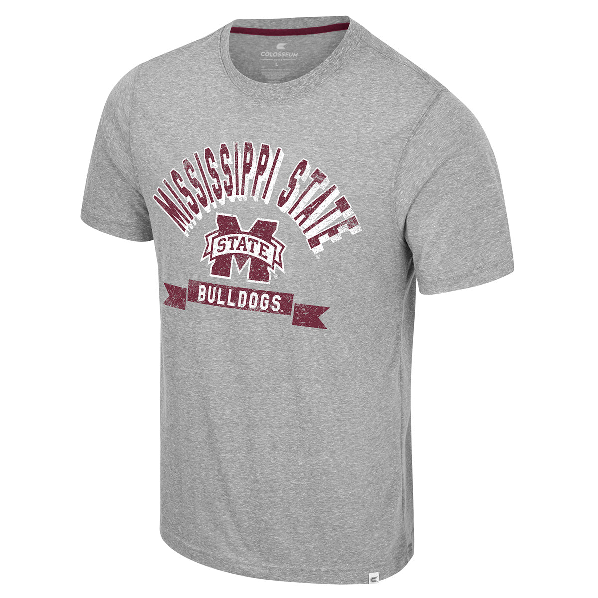 Men's Colosseum Athletics Heather Grey short sleeve T-shirt with Mississippi State Bulldogs distressed graphic print on front. 