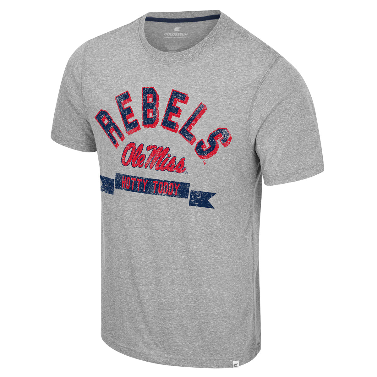 Men's Colosseum Athletics Heather Grey short sleeve t-shirt with 'REBELS Ole Miss' 'Hotty Toddy" distressed graphic print across the front.