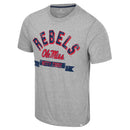 Men's Colosseum Athletics Heather Grey short sleeve t-shirt with 'REBELS Ole Miss' 'Hotty Toddy" distressed graphic print across the front.