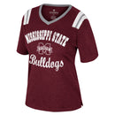 Women's Colosseum Athletics maroon Mississippi State Bulldogs distressed graphic print short sleeve tee with white and gray stripes on the shoulders and a solid grey v neck. Front View